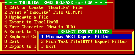 DOSBox Screen: Thoolika Menu Displaying Various Export Filters